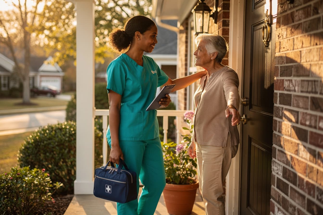 A respite nurse arriving at a family caregiver's front door, bringing relief and professional support to the home