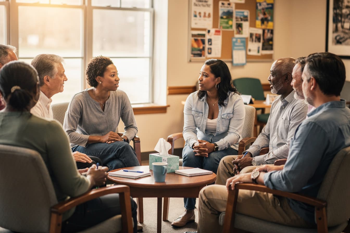 A diverse caregiver support group sharing stories and encouragement in a warm community setting