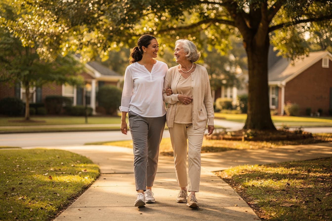 A daughter and her elderly mother enjoying a peaceful morning walk together in the neighborhood
