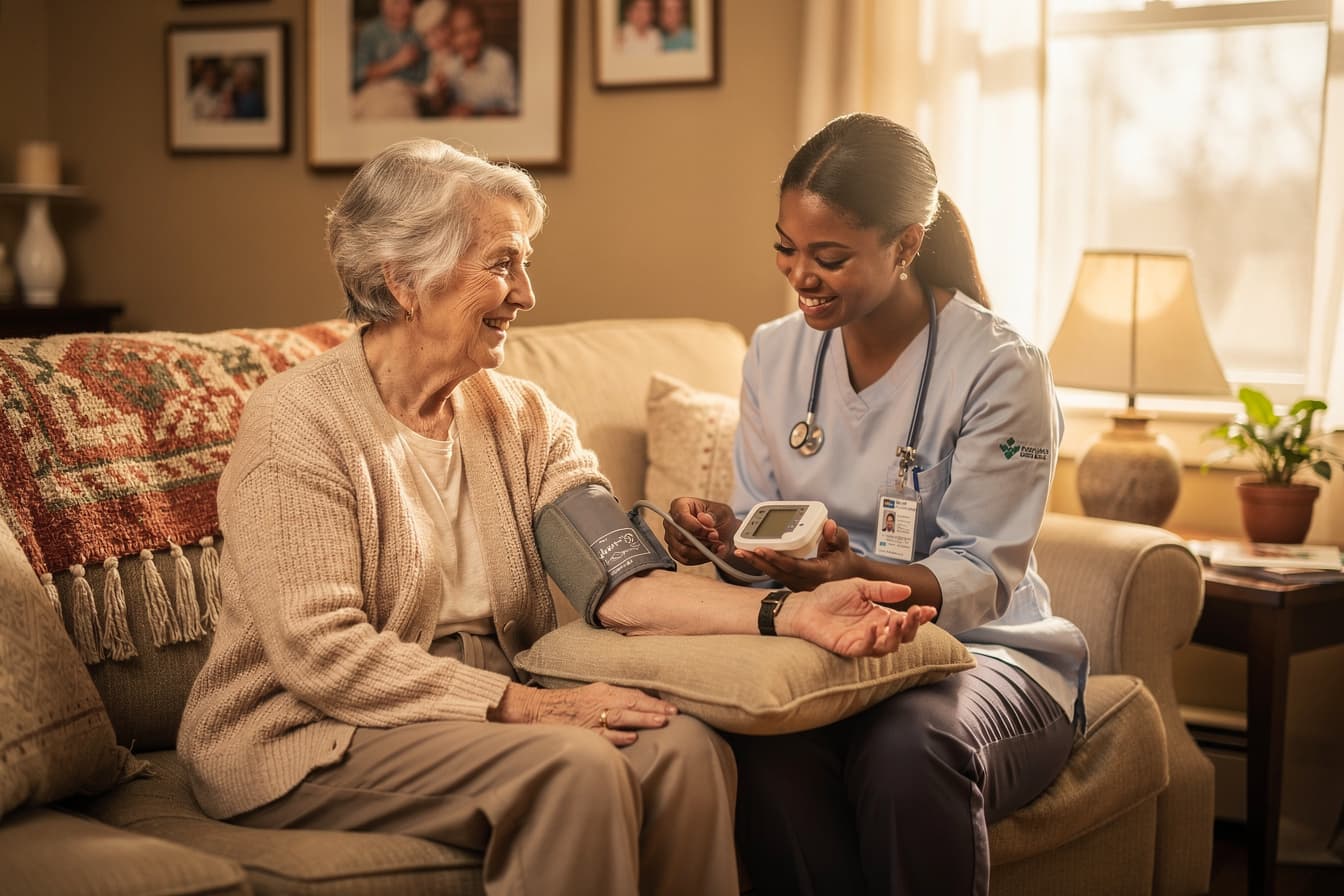 A home health aide checking blood pressure for an elderly woman in the comfort of her own home
