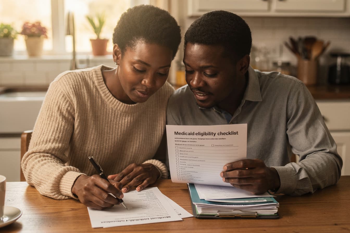 A couple sitting at their kitchen table reviewing Medicaid eligibility documents and a checklist together
