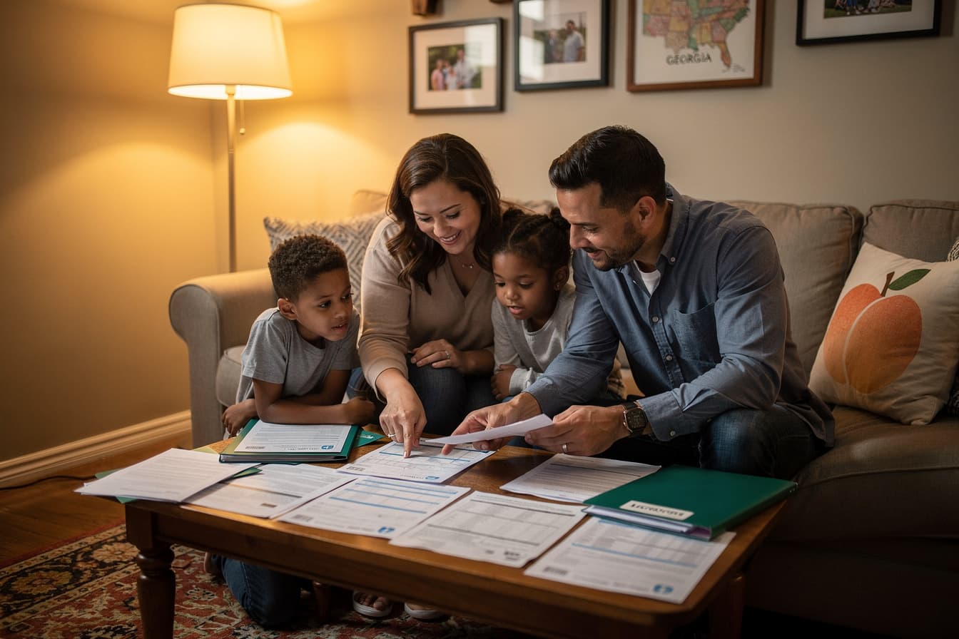 A family reviews important medical documents together in their living room