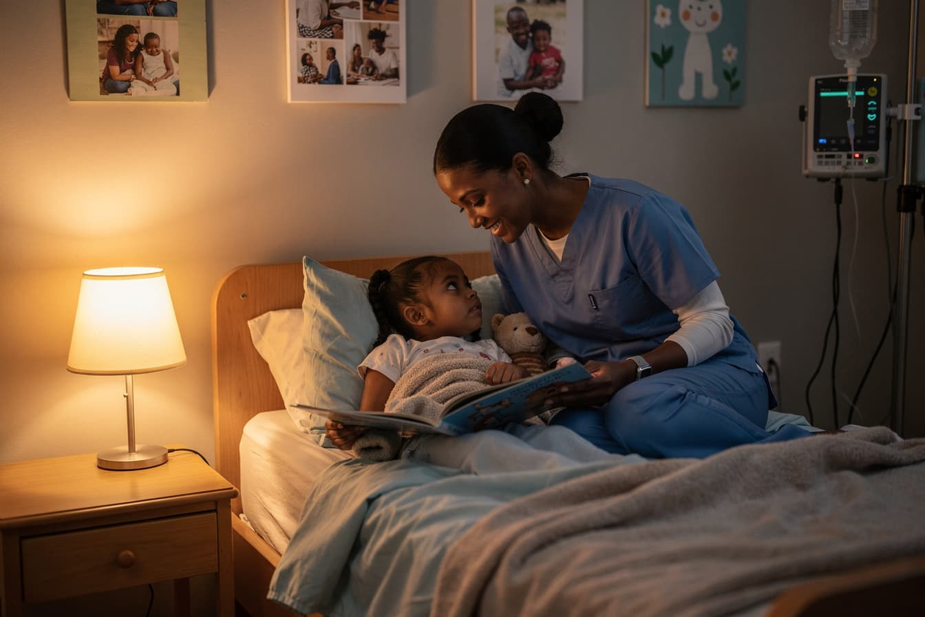 A caring nurse reading a bedtime story to a young child in a cozy, home-like setting with medical monitoring nearby