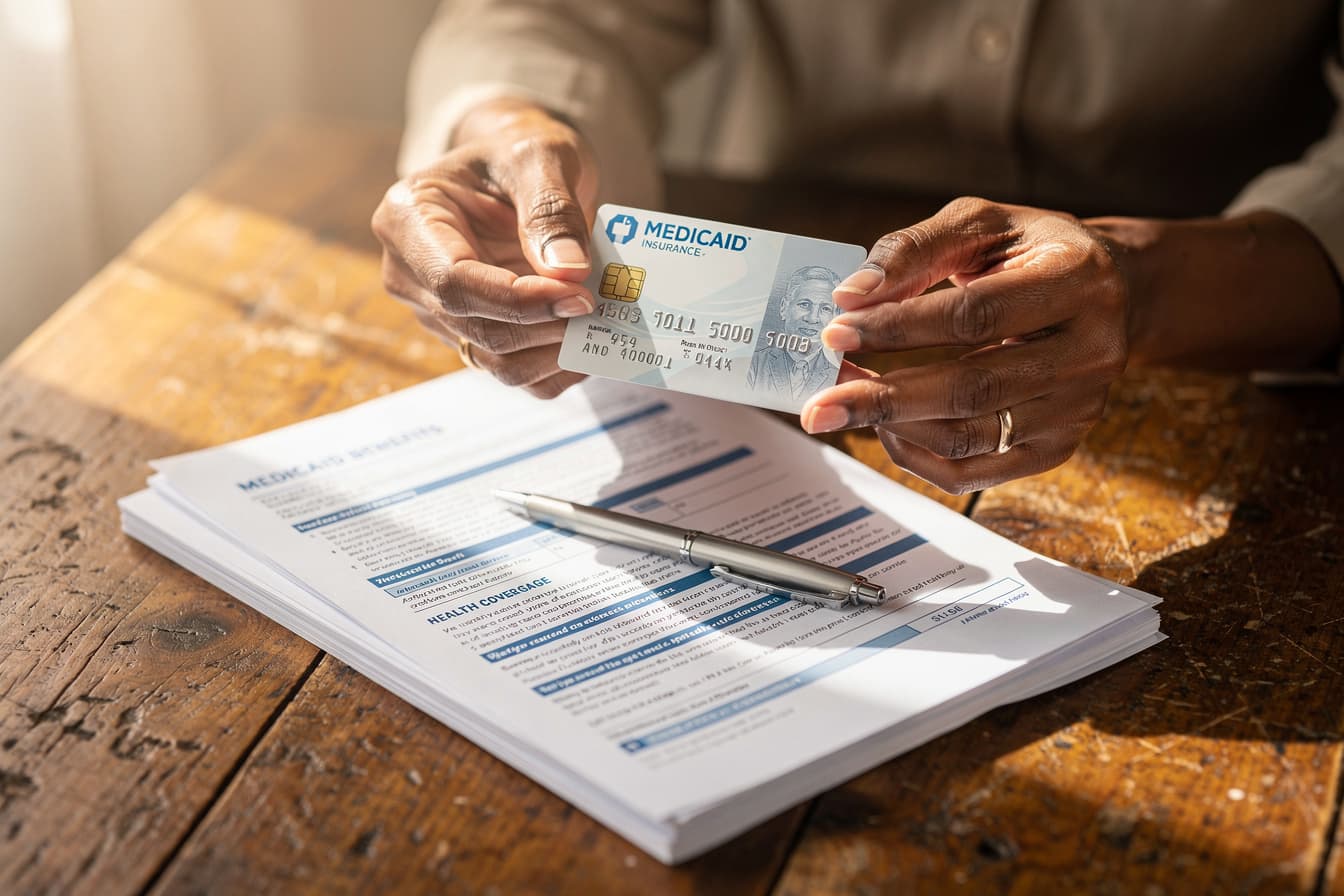 Hands holding a Medicaid card alongside important healthcare documents