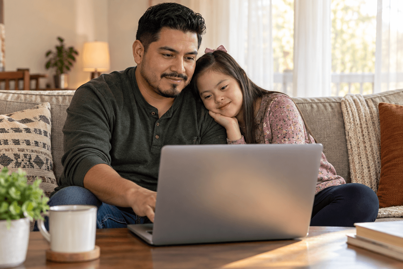 A young Hispanic father sits on a living room sofa with a laptop open on the coffee table while his daughter, a school-age girl with Down syndrome, leans against his shoulder and watches the screen. The laptop screen shows a soft blurred glow with no readable text; plain neutral walls with no posters or signs. Diverse Georgia home, calm and focused mood, warm afternoon light through sheer curtains, photorealism, professional editorial photography, warm tones, 3:2 aspect ratio