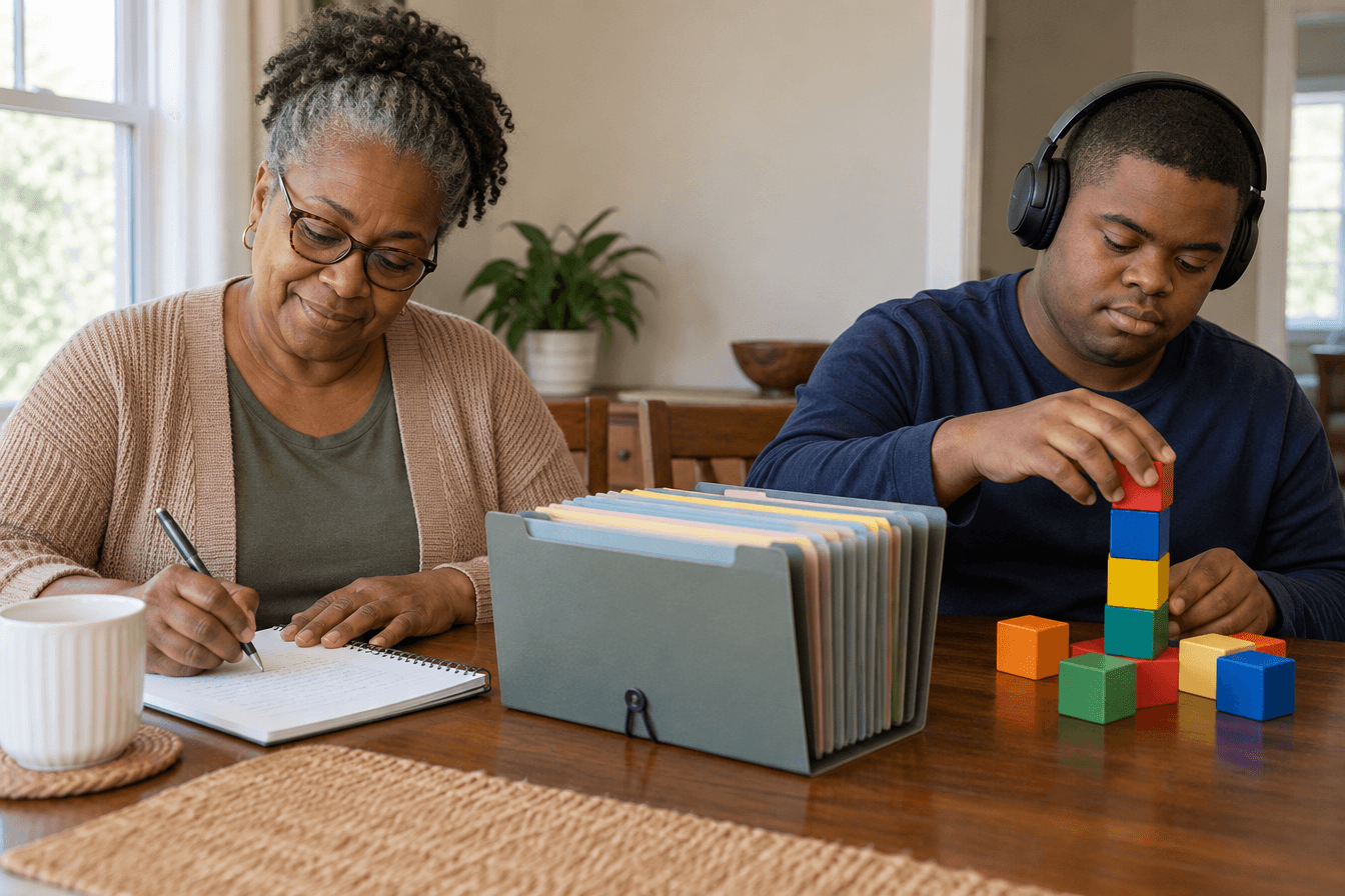 A middle-aged Black grandmother sits at a dining table writing in a spiral notebook beside a neat accordion folder, while her adult grandson who has autism sits nearby with headphones on, calmly stacking colorful blocks. The notebook shows only illegible handwriting and the folder has no printed labels; plain neutral walls with no posters, signs, or religious items. Diverse Georgia family, peaceful and organized mood, soft natural window light, photorealism, professional editorial photography, warm tones, 3:2 aspect ratio