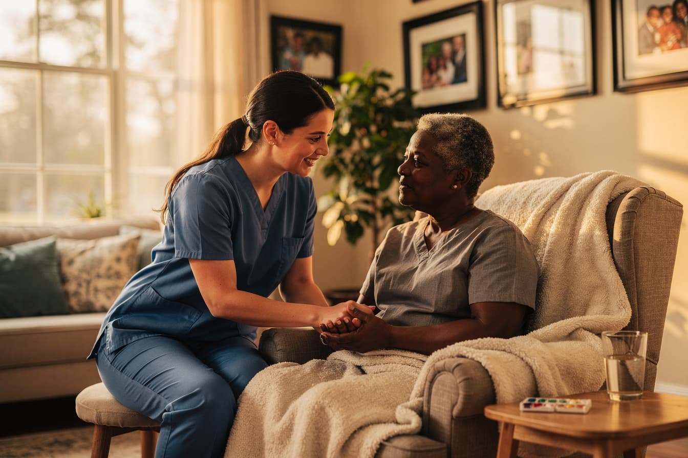 A home healthcare nurse provides compassionate care during a home visit