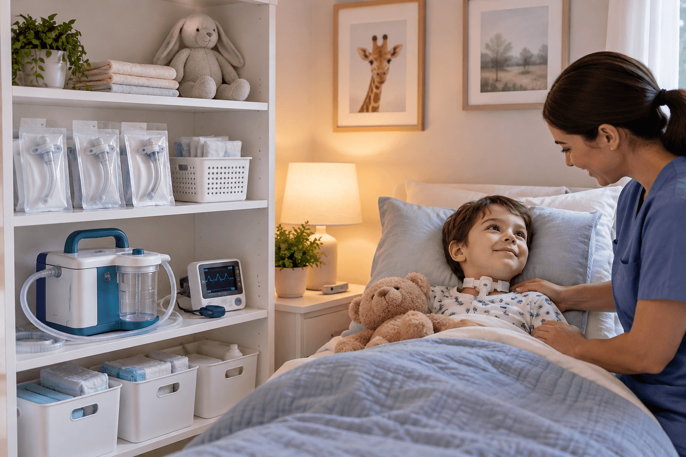 A neatly organized bedside care station in a child's bedroom with a portable suction machine, a pulse oximeter, sealed spare pediatric tracheostomy tubes, and labeled supply bins on a white shelf, soft daylight, clean and orderly mood, photorealism, professional editorial photography, warm tones, 3:2 aspect ratio