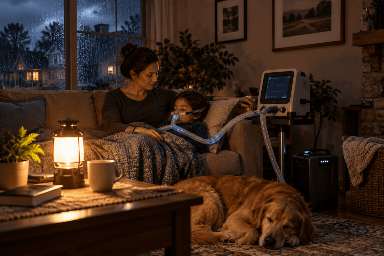 A quiet suburban Georgia family living room during a storm power outage lit by a battery lantern, a home ventilator with a charged external battery pack running beside a resting child on the couch, a calm parent sitting close by, rain on the window, prepared and steady mood, photorealism, professional editorial photography, warm tones, 3:2 aspect ratio