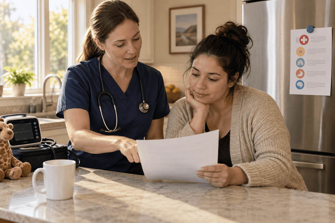 A pediatric home care nurse reviews a printed one-page emergency sheet with a mother at a kitchen counter, a refrigerator in the background with a medical information sheet posted on it, focused and reassuring mood, warm morning light, photorealism, professional editorial photography, warm tones, 3:2 aspect ratio