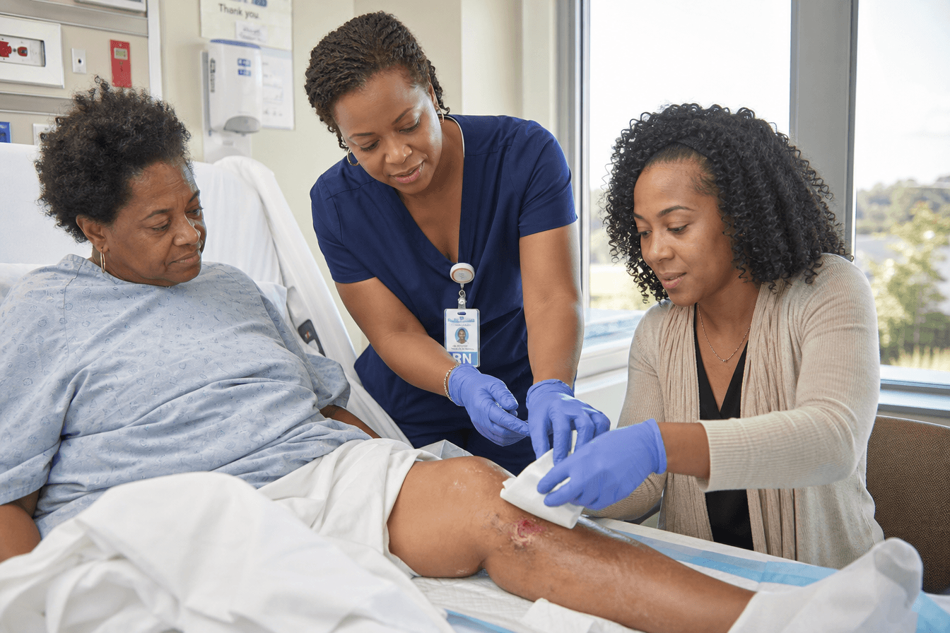 A hospital nurse patiently teaches an adult daughter how to change her mother's wound dressing at the bedside, guiding her hands step by step while the patient looks on, all three focused and calm. Diverse Georgia hospital room, atmosphere of careful teaching and building confidence, clean bright clinical daylight, photorealism, professional editorial photography, warm tones, 3:2 aspect ratio