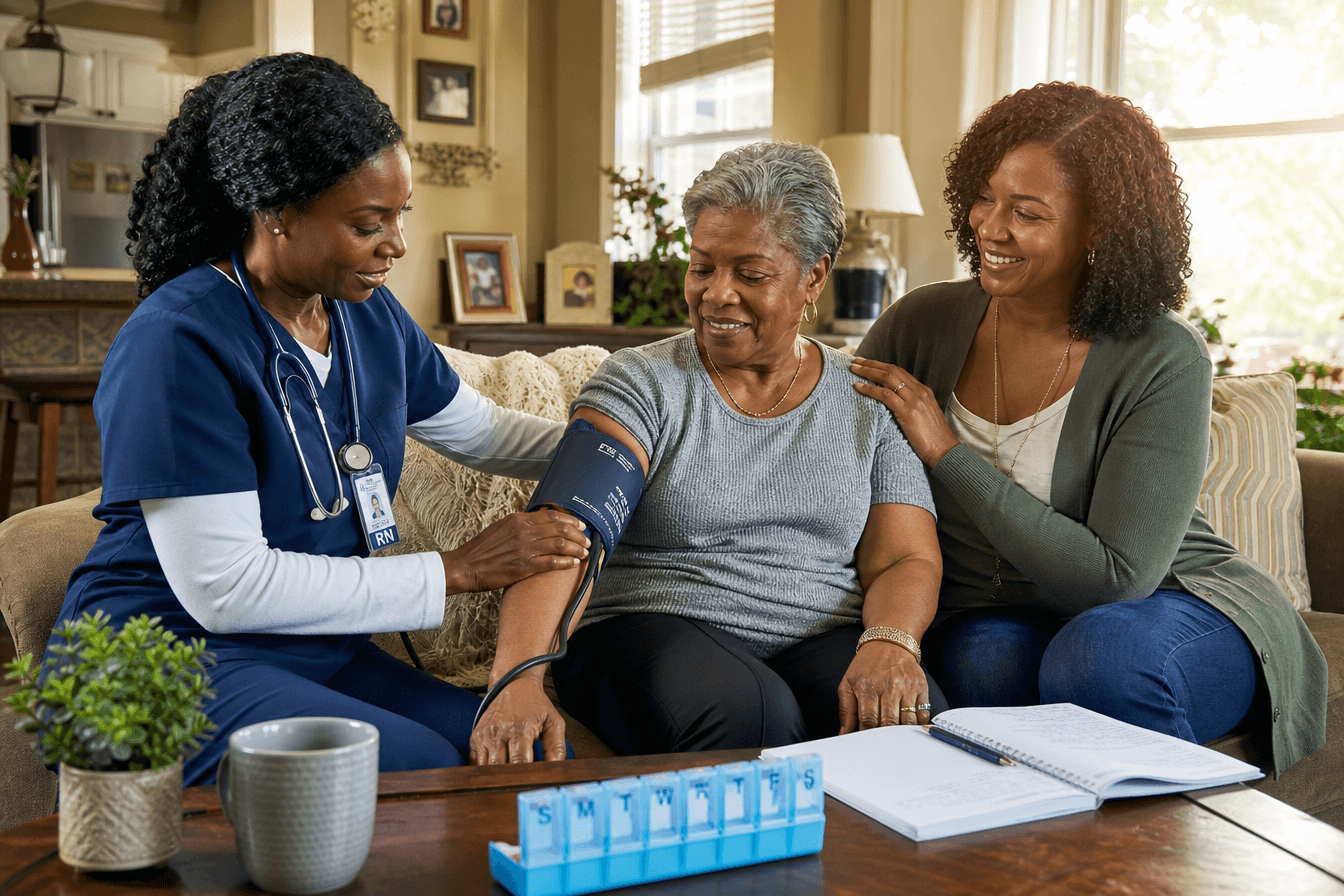 A home health nurse checks an older woman's blood pressure in her own sunlit living room while the woman's adult daughter looks on with visible relief, a medication organizer and notebook on the table beside them. Diverse Georgia home setting, atmosphere of competent reassuring care, warm morning light, photorealism, professional editorial photography, warm tones, 3:2 aspect ratio