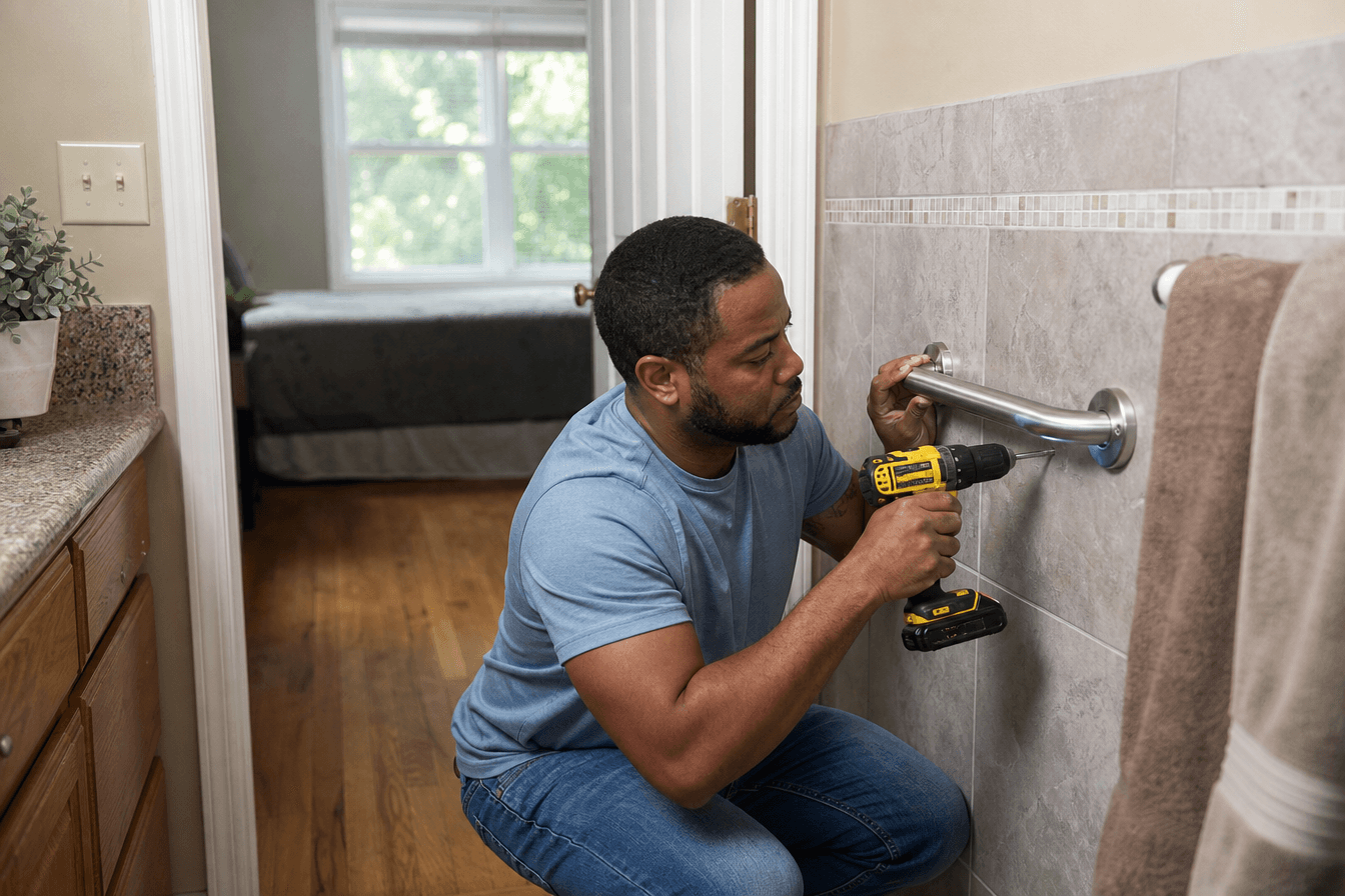 An adult son prepares his mother's home before she returns from the hospital, installing a grab bar in the bathroom and clearing a walking path, focused and purposeful. Diverse Georgia household, mood of quiet practical love and preparation, bright natural daylight through a window, photorealism, professional editorial photography, warm tones, 3:2 aspect ratio