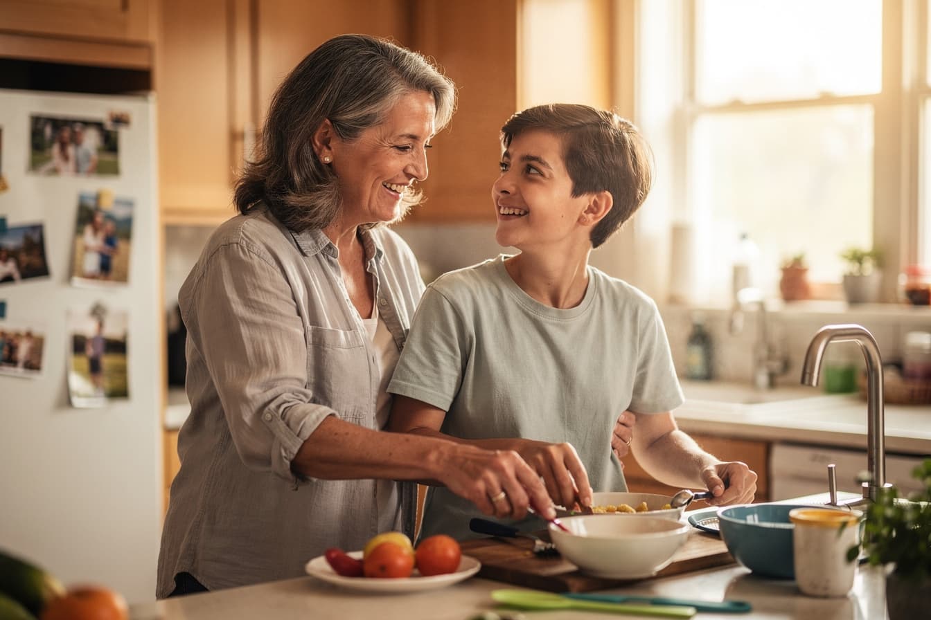 A parent and adult child with an intellectual disability share a joyful moment in their bright kitchen at home — warm natural window light, hopeful and loving atmosphere, professional editorial photography, warm tones, 3:2 aspect ratio