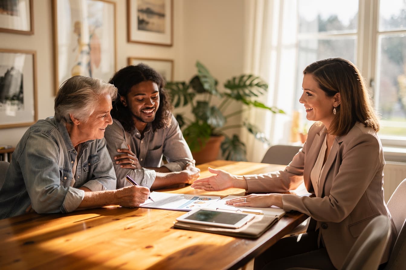 A support coordinator meets warmly with a family at their dining room table to review a care plan — professional but welcoming setting, natural light through windows, compassionate mood, professional editorial photography, warm tones, 3:2 aspect ratio