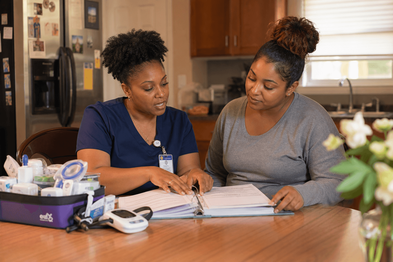 A pediatric clinical nurse supervisor sits at a kitchen table with a parent reviewing a written plan of care binder, medical supplies organized neatly nearby. Diverse Georgia family, warm afternoon kitchen light, calm and collaborative atmosphere, photorealism, professional editorial photography, warm tones, 3:2 aspect ratio