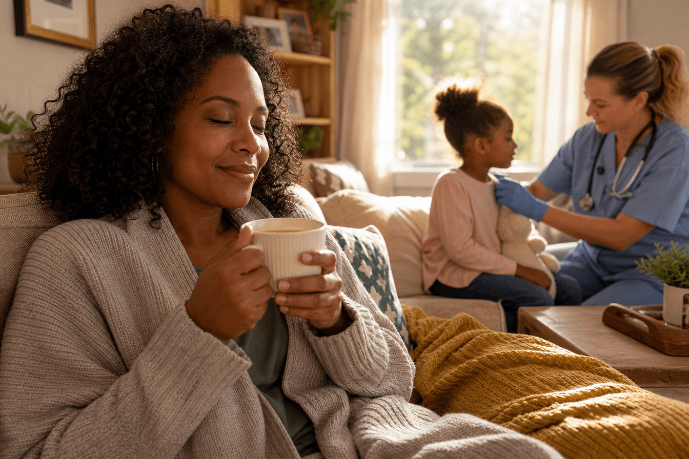 A tired but relieved parent rests with a cup of tea on a sunlit couch in a cozy living room while a pediatric nurse attentively cares for their child in the background. Diverse Georgia parent, soft golden afternoon light, peaceful and tender atmosphere, photorealism, professional editorial photography, warm tones, 3:2 aspect ratio