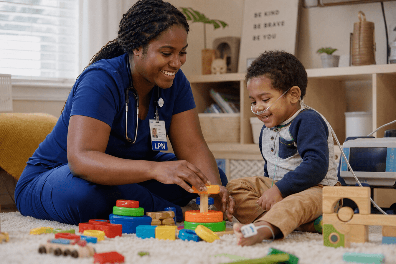 A licensed practical nurse smiles while playing with developmental toys on a soft rug with a young medically fragile child in a bright, cozy home playroom, oxygen line and pulse oximeter visible but unobtrusive. Diverse Georgia child, joyful and tender mood, soft natural daylight, photorealism, professional editorial photography, warm tones, 3:2 aspect ratio