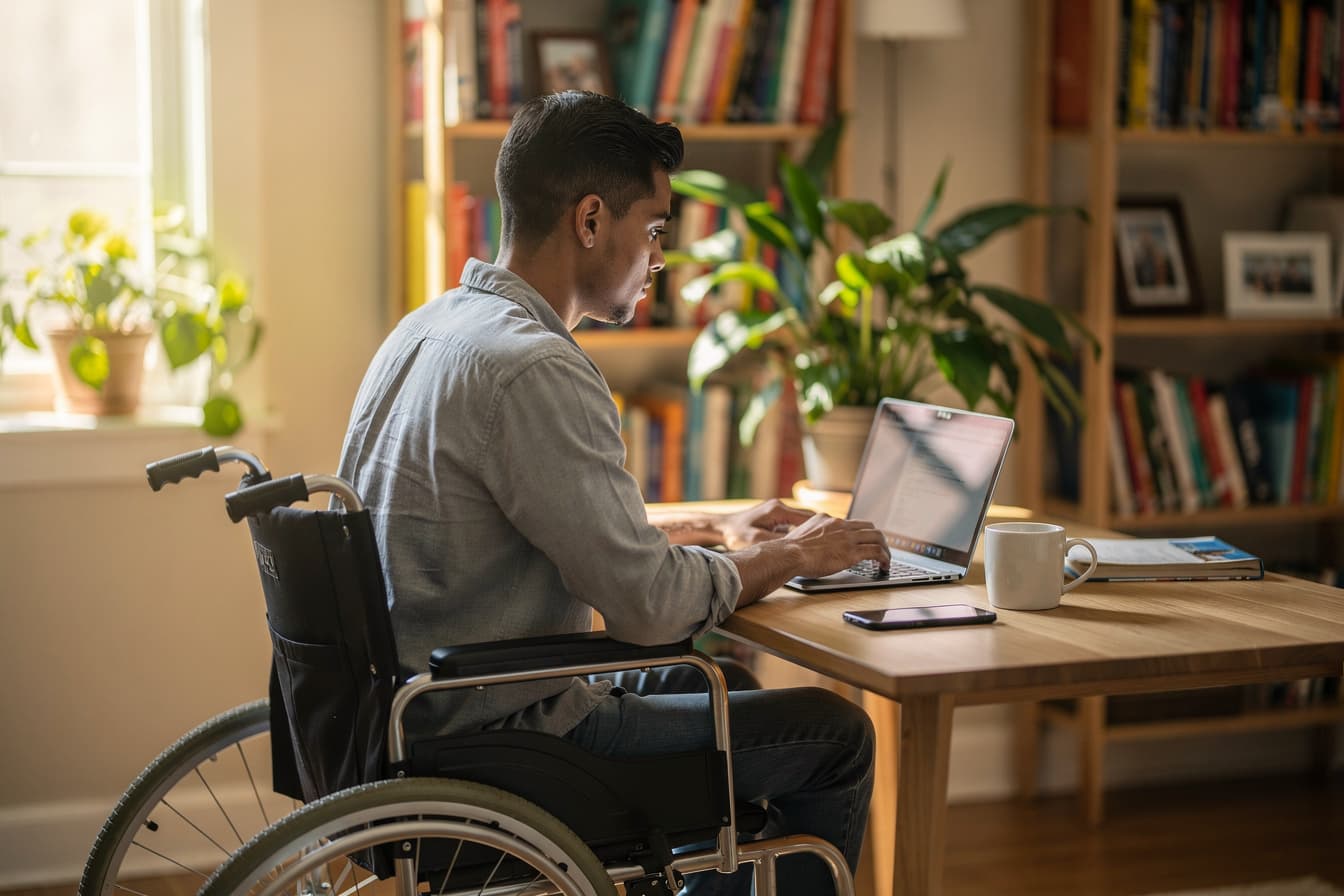 A young man in a wheelchair working confidently on a laptop in his own home, representing independent living