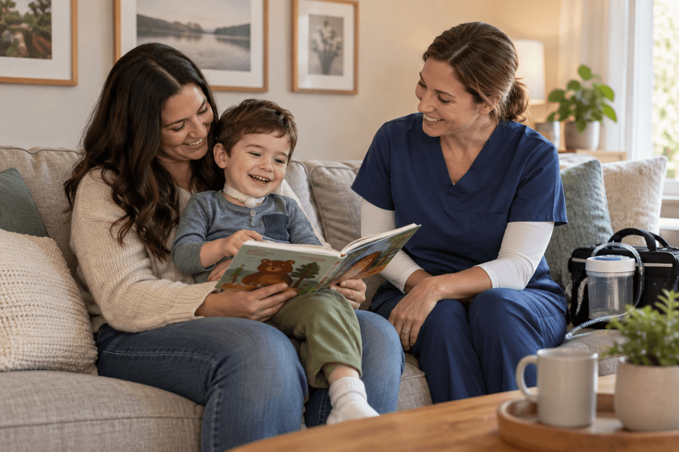 A smiling young child with a small tracheostomy sits on a parent's lap reading a picture book together on a cozy family sofa, a pediatric home care nurse sitting nearby with a portable suction bag at her side, relaxed and joyful everyday family moment, soft afternoon light, photorealism, professional editorial photography, warm tones, 3:2 aspect ratio