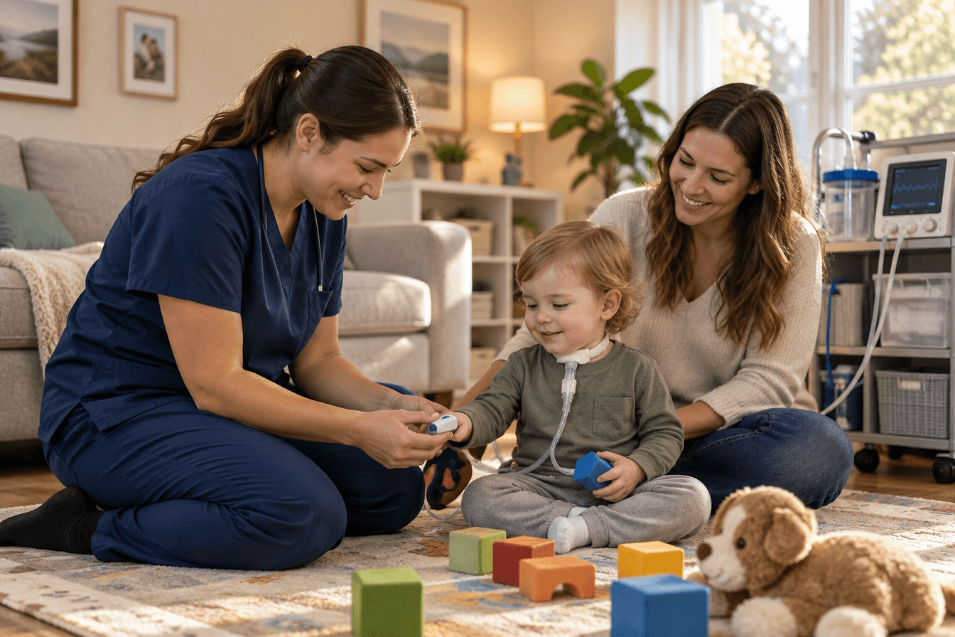 A pediatric home care nurse in navy scrubs gently checks a pulse oximeter on a toddler with a tracheostomy who is playing with soft blocks on a play mat in a sunny family living room, a parent smiling nearby, organized care station with suction machine in the background, calm and warm mood, photorealism, professional editorial photography, warm tones, 3:2 aspect ratio