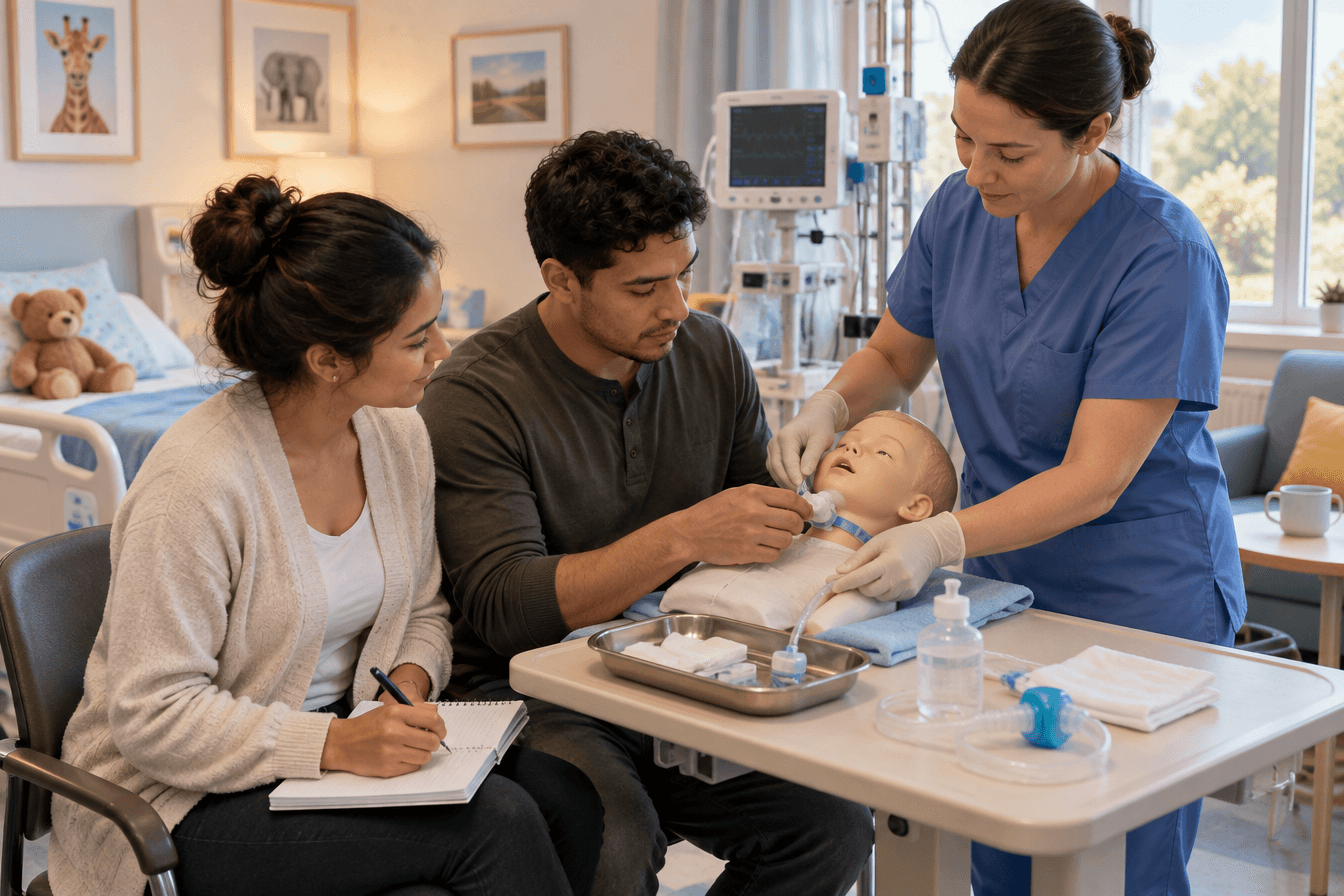 Hospital nurse teaching parents tracheostomy care on a training mannequin before discharge