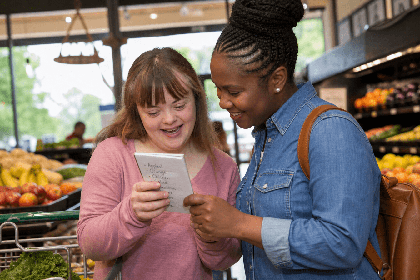 A young woman with an intellectual disability practices grocery shopping with a supportive aide, reading a shopping list together in a bright neighborhood market, both engaged and smiling, diverse Georgia community, natural daylight, photorealism, professional editorial photography, warm tones, 3:2 aspect ratio