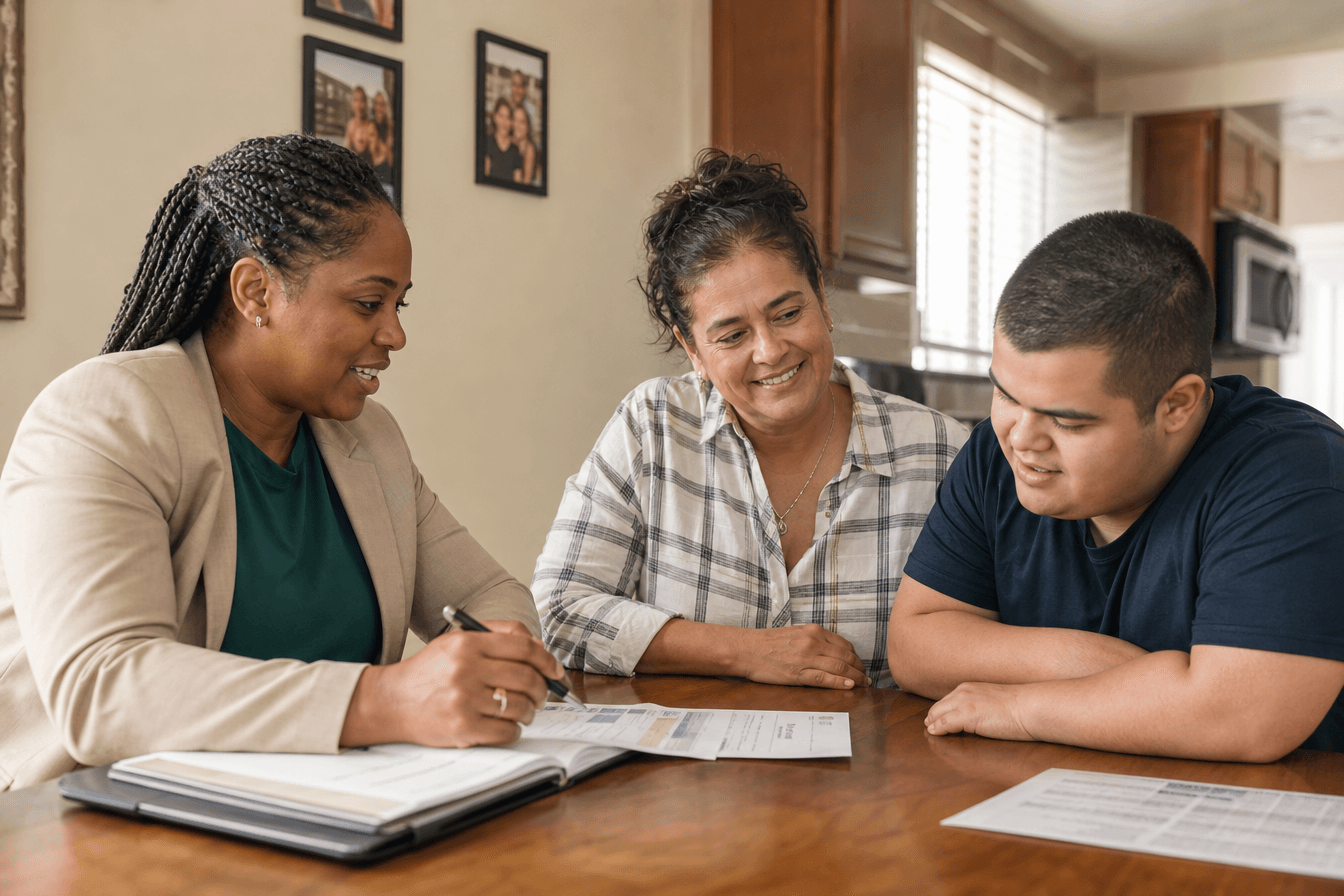 A support coordinator sits at a sunlit kitchen table with a mother and her adult son who has a developmental disability, reviewing an individual service plan together with papers and a notebook spread out, all three engaged and hopeful, diverse Georgia community, plain neutral walls with simple family photos, warm natural window light, photorealism, professional editorial photography, warm tones, 3:2 aspect ratio