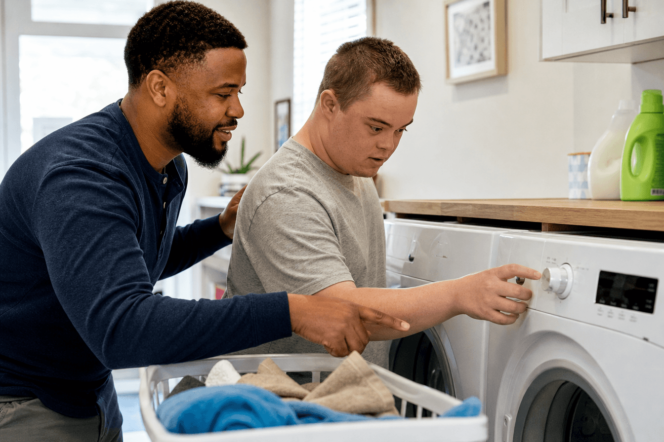 A patient direct-support professional gently guides a young man with a developmental disability as he practices doing laundry in a bright, tidy home laundry room, both focused and encouraged, diverse Georgia community, soft natural light, photorealism, professional editorial photography, warm tones, 3:2 aspect ratio