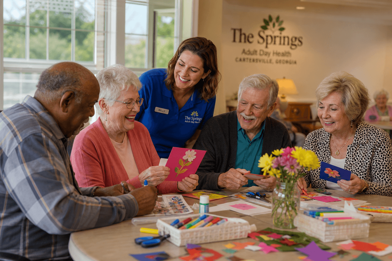 A diverse group of cheerful seniors and a warm activities coordinator share a lively craft and conversation session at a bright, welcoming adult day health center in Georgia, large windows letting in natural light. Dignified and joyful community atmosphere, warm indoor lighting, photorealism, professional editorial photography, warm tones, 3:2 aspect ratio