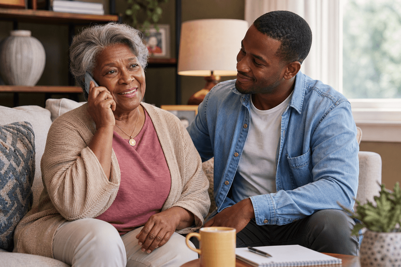 A warm, reassuring scene of a senior woman sitting on her living room sofa making a phone call while her adult son sits beside her offering encouragement, a notepad and coffee on the table, hopeful expressions. Diverse Georgia home, calm and empowering mood, soft natural window light, photorealism, professional editorial photography, warm tones, 3:2 aspect ratio