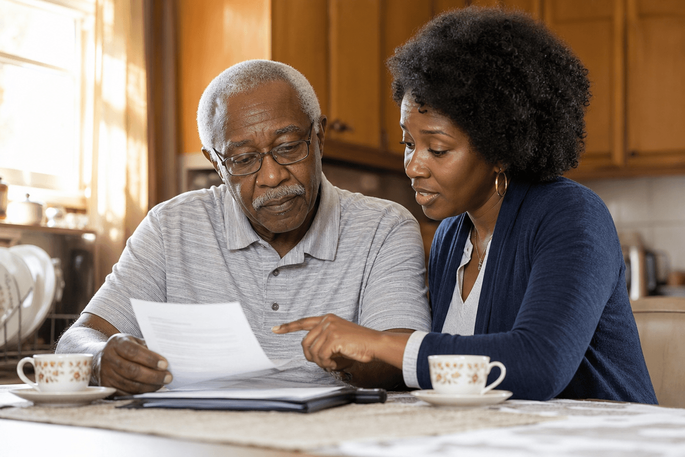 A close, tender moment as an adult daughter sits at a kitchen table reviewing paperwork with her elderly father in his home, both leaning in together with cups of tea, afternoon light filling the room. Diverse Georgia family, caring and collaborative mood, soft natural daylight, photorealism, professional editorial photography, warm tones, 3:2 aspect ratio