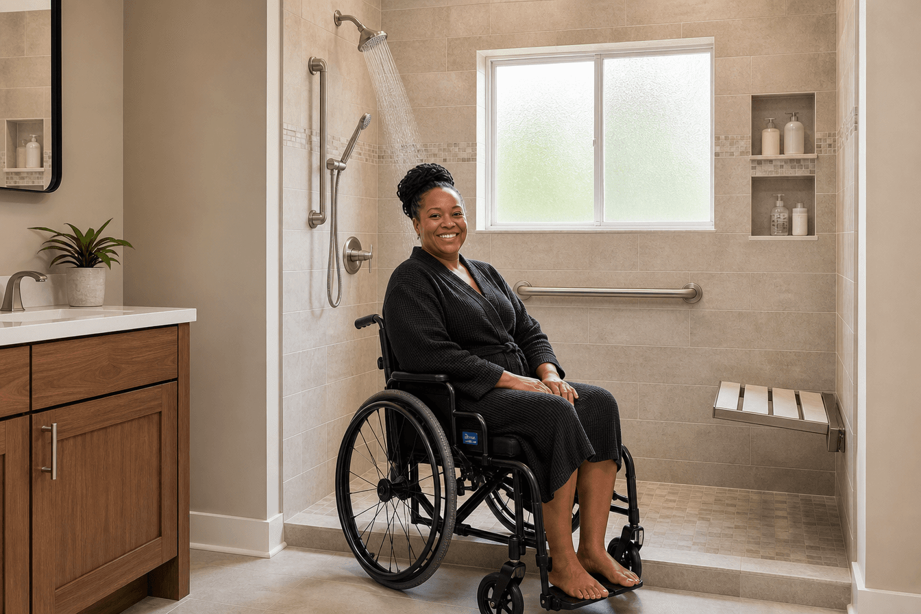 An adult wheelchair user happily uses a newly renovated accessible roll-in shower with grab bars and a fold-down bench in a bright, modern Georgia bathroom, water gently running. Diverse Georgia resident, dignified and confident mood, soft natural light from a frosted window, photorealism, professional editorial photography, warm tones, 3:2 aspect ratio
