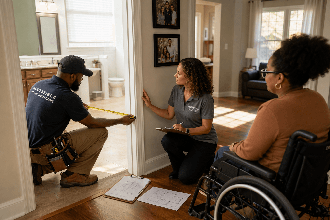 A contractor and an occupational therapist measure a bathroom doorway with a tape measure while a wheelchair user looks on from the hallway of a sunlit Georgia home, drawings and clipboards visible. Diverse Georgia family, focused and collaborative mood, soft afternoon window light, photorealism, professional editorial photography, warm tones, 3:2 aspect ratio
