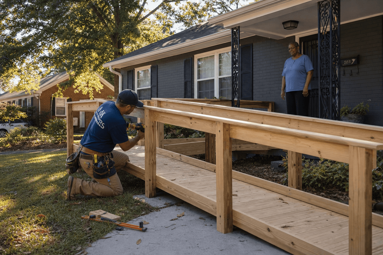 A construction worker installs a sturdy wooden wheelchair ramp at the front entrance of a modest Georgia ranch-style home, the homeowner watches with a hopeful expression from the porch. Diverse Georgia neighborhood, bright morning light, dignified and active atmosphere, photorealism, professional editorial photography, warm tones, 3:2 aspect ratio