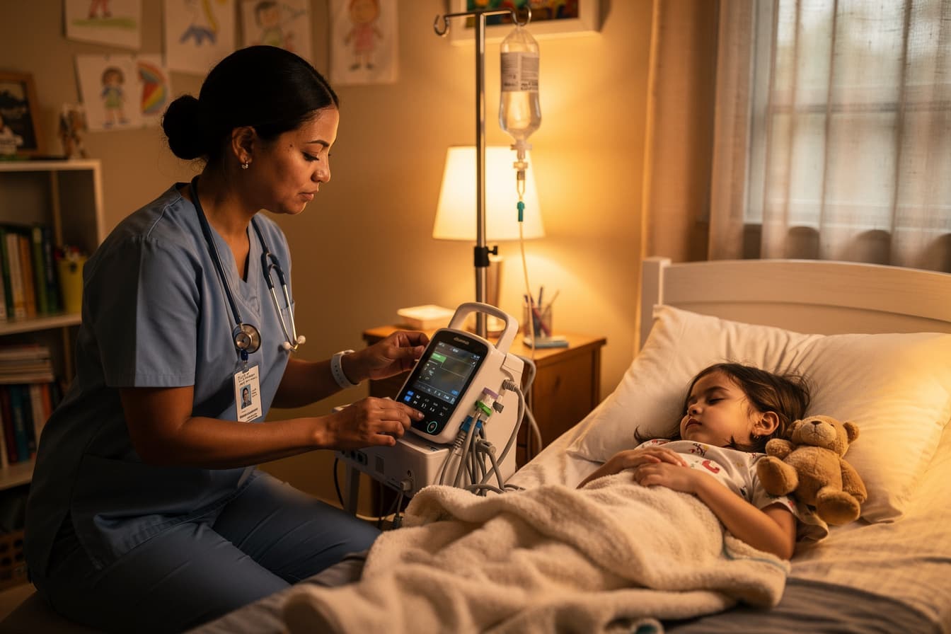 Pediatric nurse checking a monitor at a sleeping child's bedside during an overnight home nursing shift