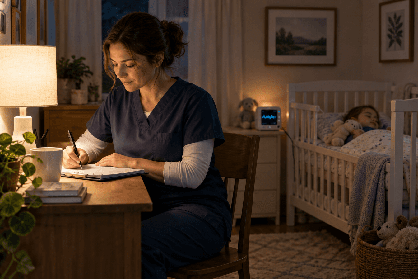 A pediatric nurse writes shift notes at a small desk in a quiet family home at night under a warm lamp, a pulse oximeter glowing softly on a nightstand beside a sleeping child's crib in the background, peaceful and focused mood, photorealism, professional editorial photography, warm tones, 3:2 aspect ratio