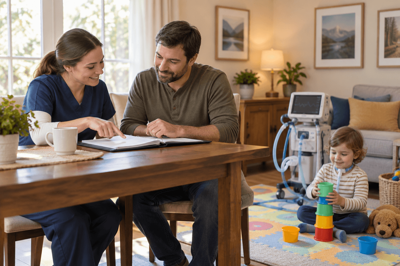 A pediatric home care nurse and a father sit at a dining table reviewing paperwork in a folder together, a young child with a tracheostomy playing with stacking cups on a play mat nearby, collaborative and hopeful mood, warm daylight, photorealism, professional editorial photography, warm tones, 3:2 aspect ratio