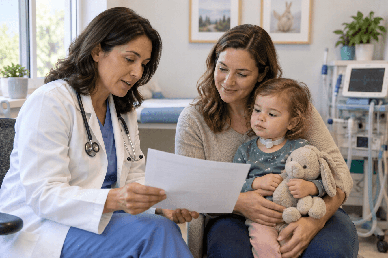 A pediatrician in a white coat reviews a printed plan of treatment with a parent in a bright clinic office, a toddler with a tracheostomy sitting on the parent's lap holding a soft toy, calm and attentive mood, photorealism, professional editorial photography, warm tones, 3:2 aspect ratio