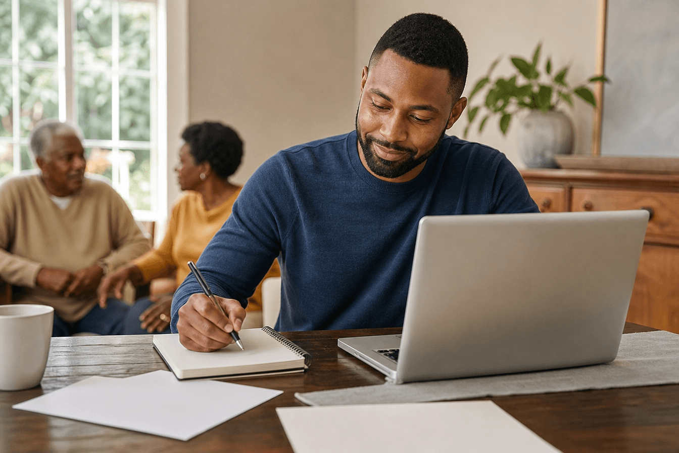 An adult son sits at a dining room table with a laptop and a spiral notepad, writing notes while researching care options, a warm and focused expression on his face, diverse Georgia community, plain blank sheets of paper on the table with no printed text, no brochures, no logos, no brand names, no readable writing anywhere in frame, plain neutral walls, soft natural window light, photorealism, professional editorial photography, warm tones, 3:2 aspect ratio