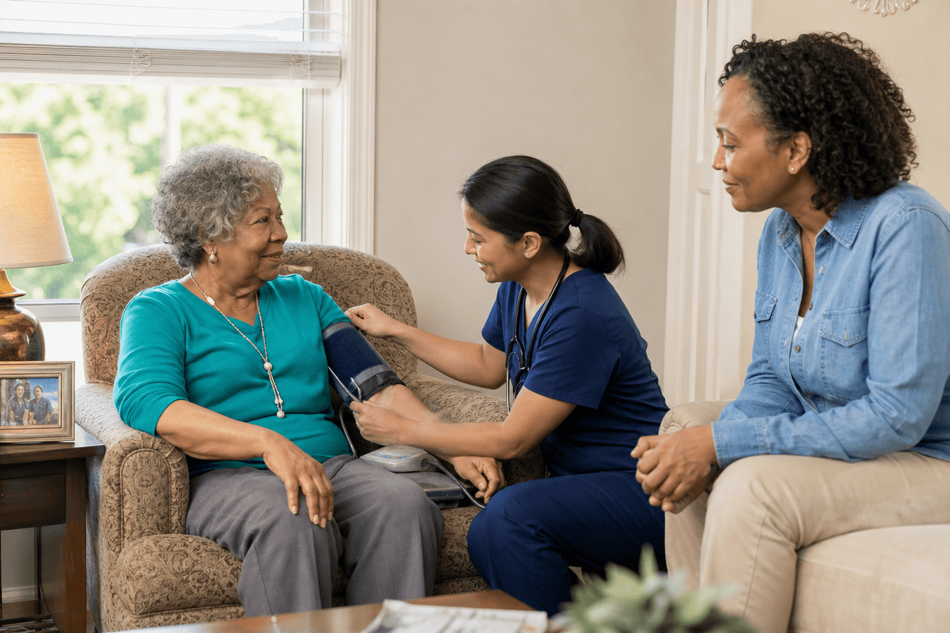 A home health nurse in scrubs kneels beside an elderly woman seated in an armchair, checking her blood pressure while speaking with her warmly, the woman's adult daughter watching nearby with a reassured expression, diverse Georgia community, comfortable living room, plain neutral walls, natural daylight, photorealism, professional editorial photography, warm tones, 3:2 aspect ratio
