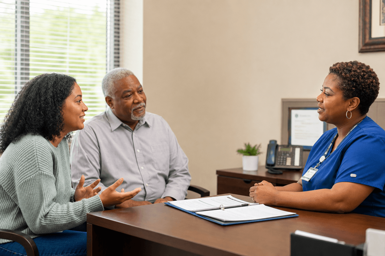 An adult daughter and her father sit across a desk from a home health agency's director of nursing in a bright professional office, asking questions while she answers openly, a folder of documents on the desk between them, diverse Georgia community, plain neutral office walls, natural daylight from a window, photorealism, professional editorial photography, warm tones, 3:2 aspect ratio