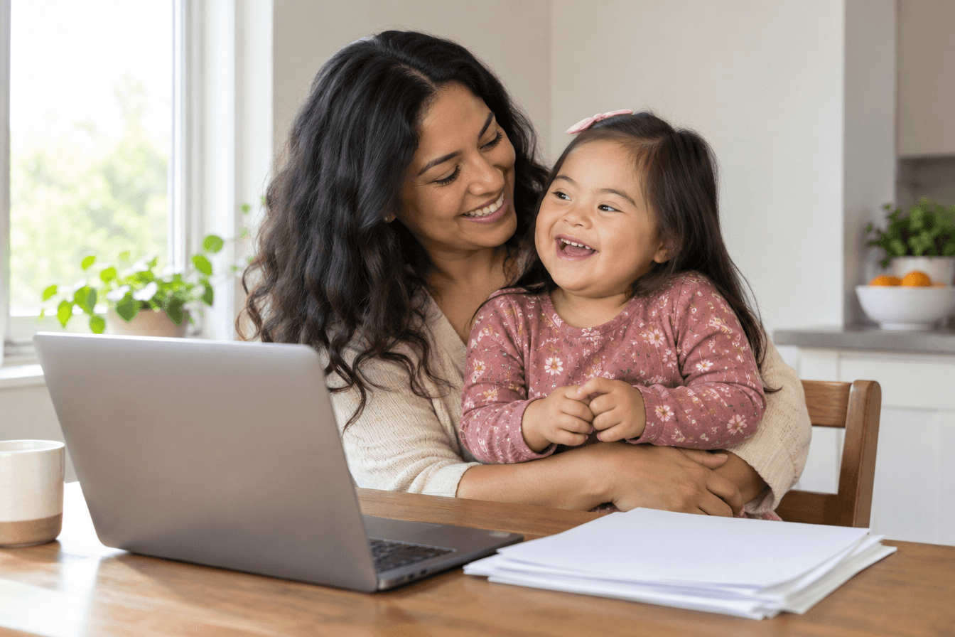 A Hispanic mother sits at a kitchen table with her young daughter who has Down syndrome on her lap, the two of them laughing together while a laptop sits open nearby, papers neatly stacked beside it showing only blank sheets with no readable text, plain neutral walls with no signs or posters, bright natural window light, hopeful and warm atmosphere, photorealism, professional editorial photography, warm tones, 3:2 aspect ratio