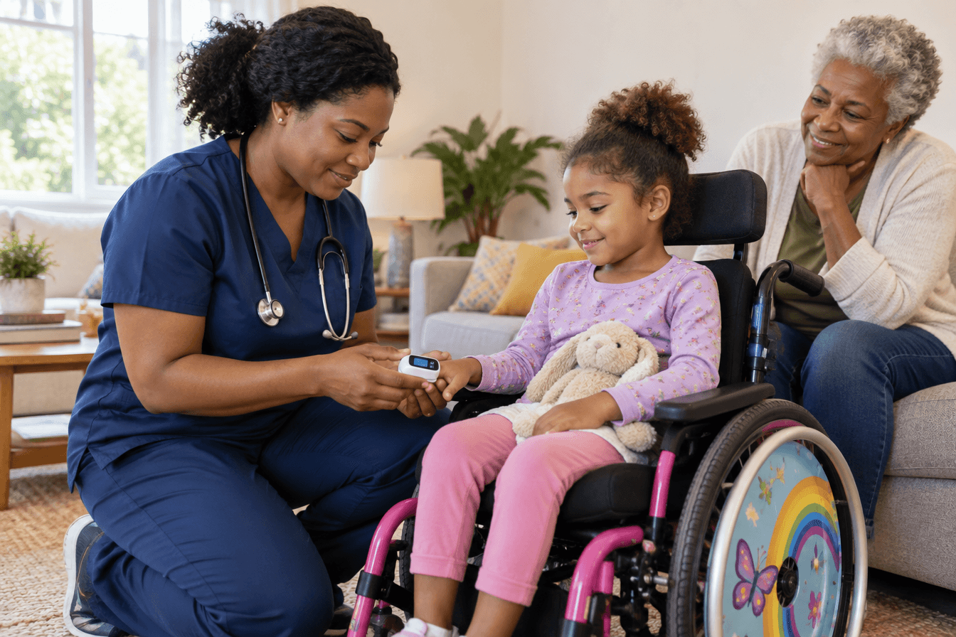 A Black pediatric nurse in navy scrubs kneels beside a young girl seated in a colorful pediatric wheelchair in a bright family living room, checking a small pulse oximeter on the girl's finger while the girl's grandmother watches warmly from the sofa, plain walls with no signs or text, soft natural daylight, caring and calm atmosphere, photorealism, professional editorial photography, warm tones, 3:2 aspect ratio
