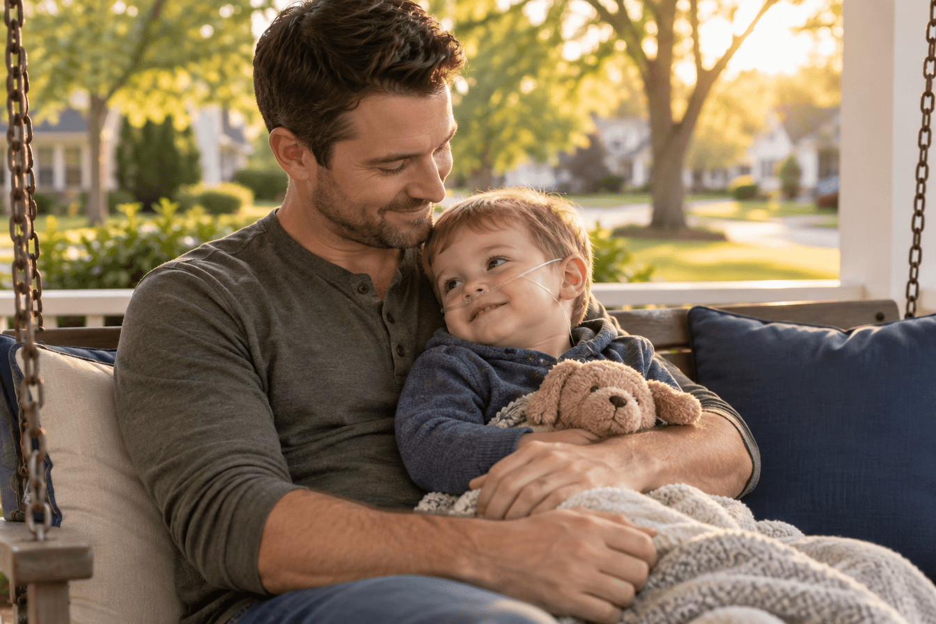 A white father in his thirties sits on a porch swing holding his toddler son who wears a small nasal oxygen cannula, the father gently smiling down at the child, plain solid-color cushions with no lettering, no signs, flags, or text anywhere in the scene, a quiet tree-lined neighborhood softly blurred in the background, golden late-afternoon light, peaceful and reassuring mood, photorealism, professional editorial photography, warm tones, 3:2 aspect ratio