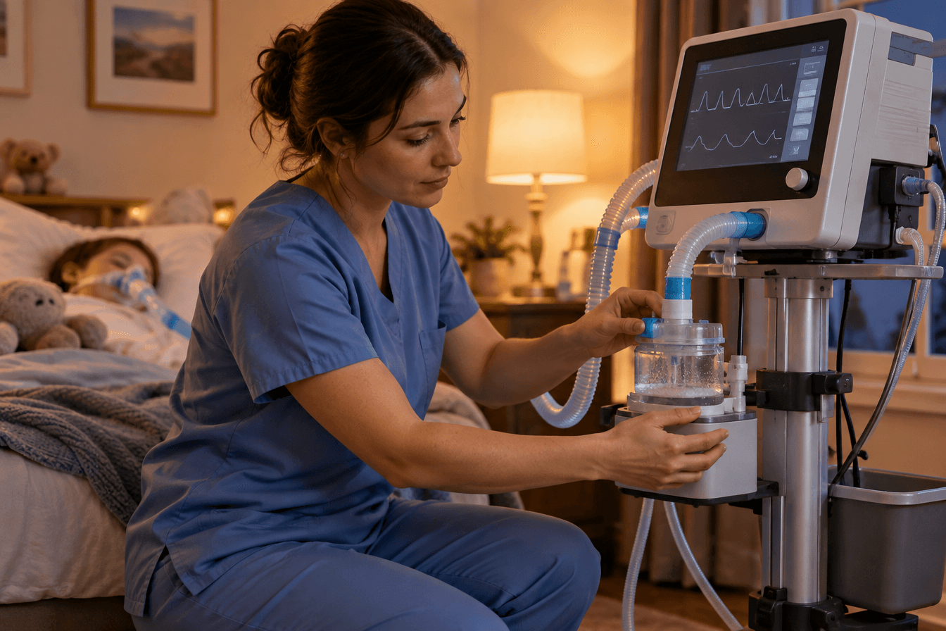 A pediatric nurse in soft scrubs adjusts the heated humidifier on a home ventilator on a rolling stand in a softly lit room in the evening, a warm lamp glowing, close-up on her hands and the equipment, careful and attentive mood, photorealism, professional editorial photography, warm tones, 3:2 aspect ratio