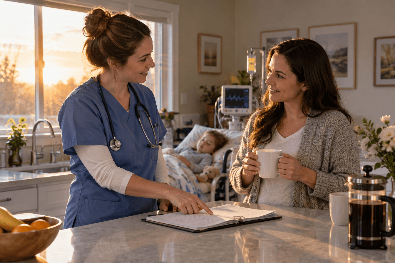 At dawn in a family kitchen, a pediatric home care nurse in scrubs hands off to a rested mother holding a coffee mug, the two talking warmly while the nurse points to a written shift log, soft early morning light through the window, friendly and trusting mood, photorealism, professional editorial photography, warm tones, 3:2 aspect ratio
