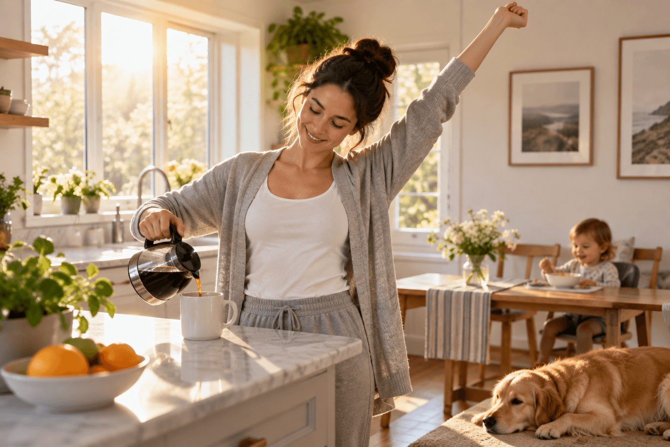 A relaxed young mother stretches and smiles in a bright family kitchen in the morning, pouring a cup of coffee, looking well rested, morning sunlight through the window, hopeful and peaceful mood, photorealism, professional editorial photography, warm tones, 3:2 aspect ratio