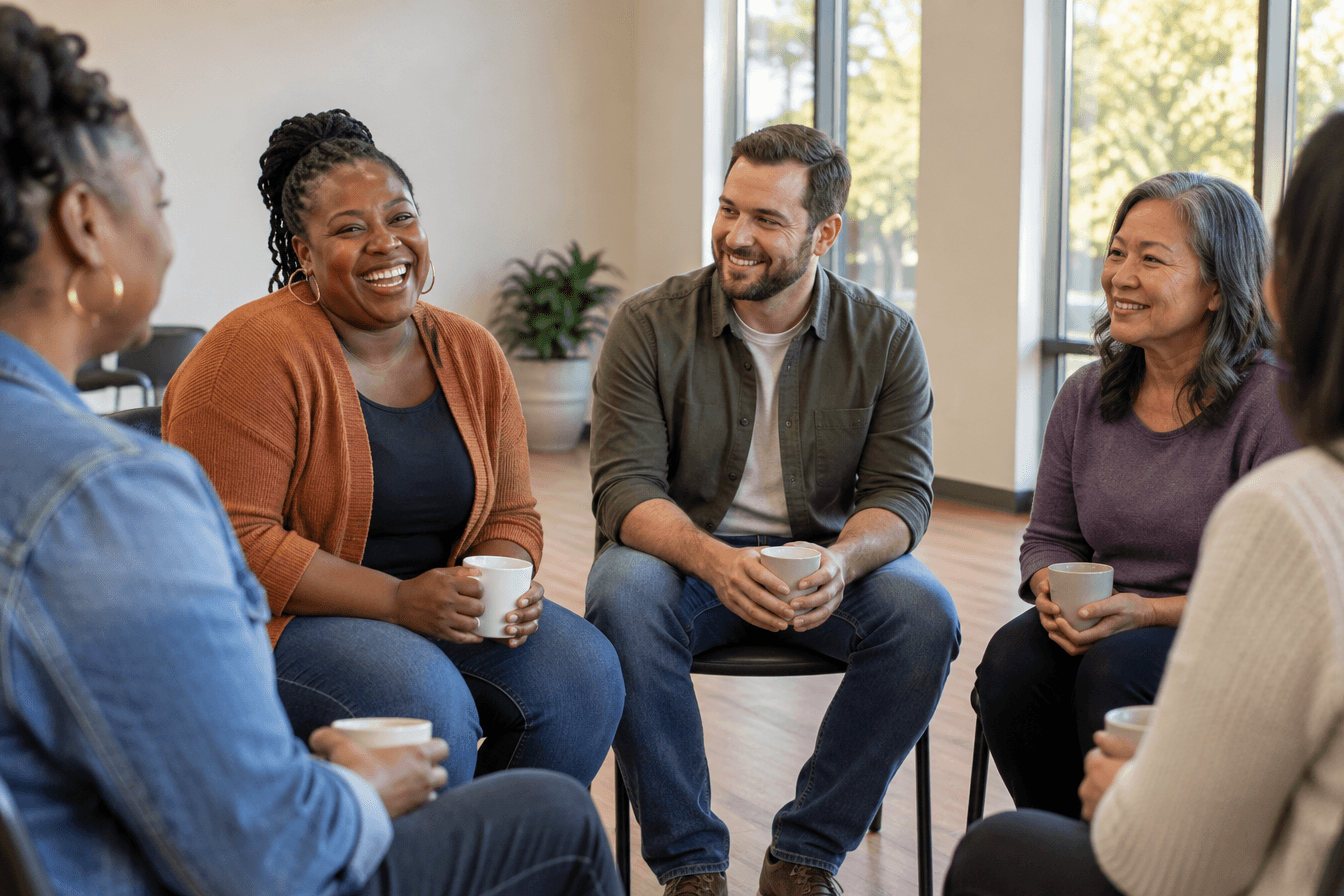 A small support group of diverse parents and caregivers sits in a circle of chairs in a bright community center room, a Black mother laughing warmly as a white father and an Asian American grandmother listen, coffee cups in hand. Plain neutral walls with no posters, banners, signs, or religious items; no readable text anywhere. Diverse Georgia community, warm atmosphere of connection and mutual support, soft natural light from tall windows, photorealism, professional editorial photography, warm tones, 3:2 aspect ratio