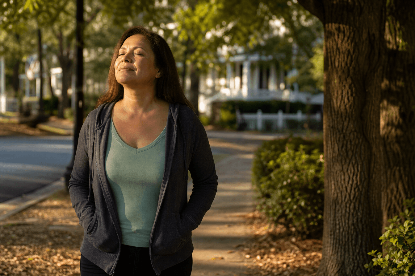 A middle-aged family caregiver takes a peaceful walk along a tree-lined neighborhood path, eyes closed and face turned toward the sun in a moment of calm and relief. Diverse Georgia setting, restorative and hopeful mood, soft golden-hour light filtering through leaves, photorealism, professional editorial photography, warm tones, 3:2 aspect ratio